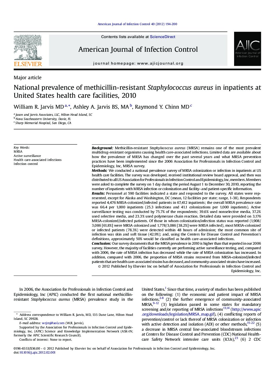 National prevalence of methicillin-resistant Staphylococcus aureus in inpatients at United States health care facilities, 2010 