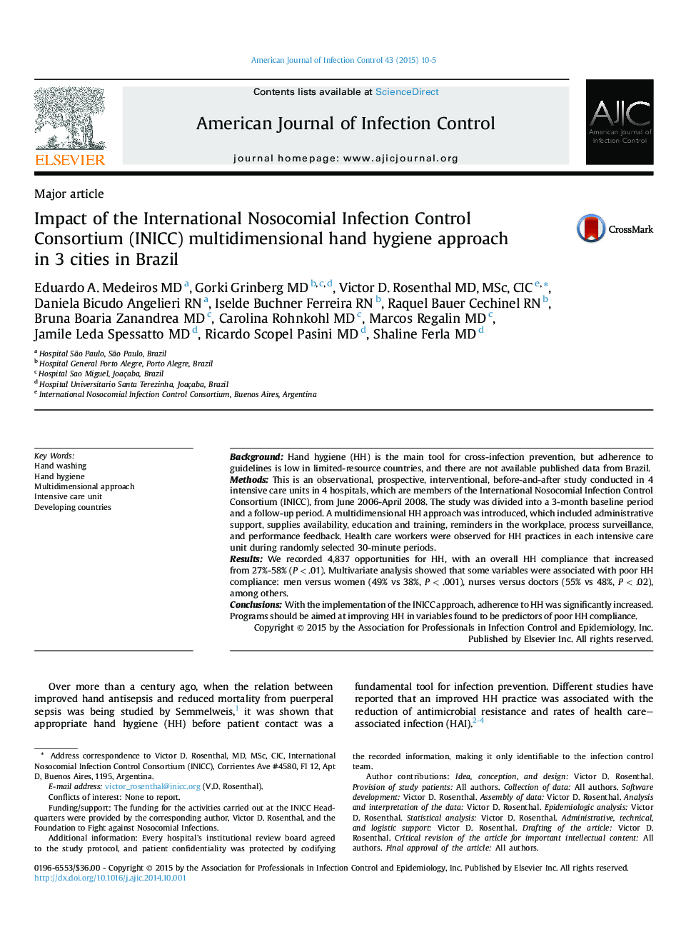 Impact of the International Nosocomial Infection Control Consortium (INICC) multidimensional hand hygiene approach in 3 cities in Brazil 