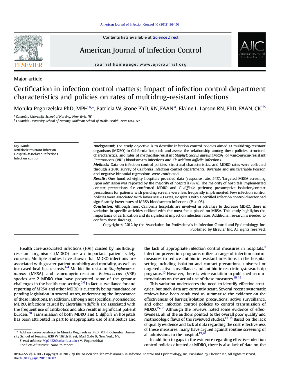 Certification in infection control matters: Impact of infection control department characteristics and policies on rates of multidrug-resistant infections 