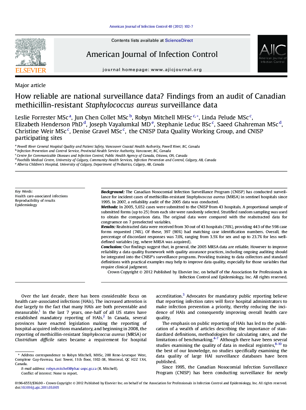 How reliable are national surveillance data? Findings from an audit of Canadian methicillin-resistant Staphylococcus aureus surveillance data 