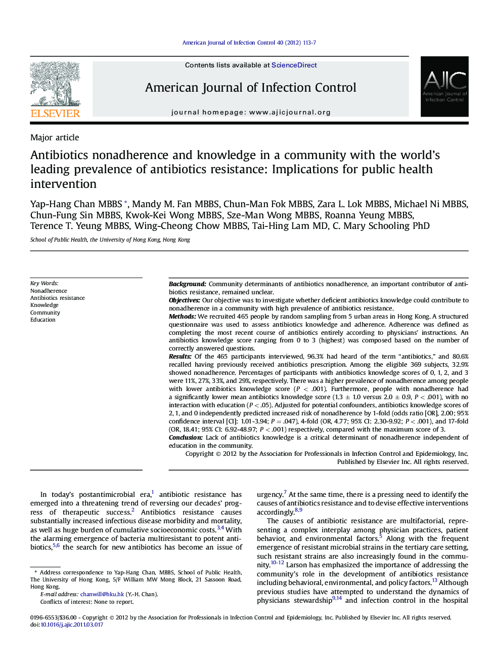 Antibiotics nonadherence and knowledge in a community with the world’s leading prevalence of antibiotics resistance: Implications for public health intervention 
