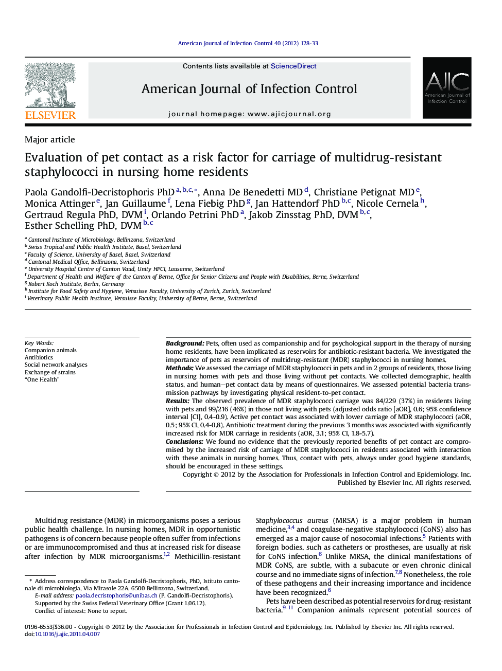 Evaluation of pet contact as a risk factor for carriage of multidrug-resistant staphylococci in nursing home residents 