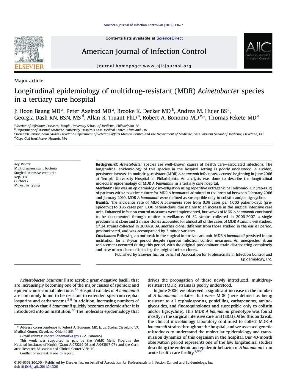 Longitudinal epidemiology of multidrug-resistant (MDR) Acinetobacter species in a tertiary care hospital 