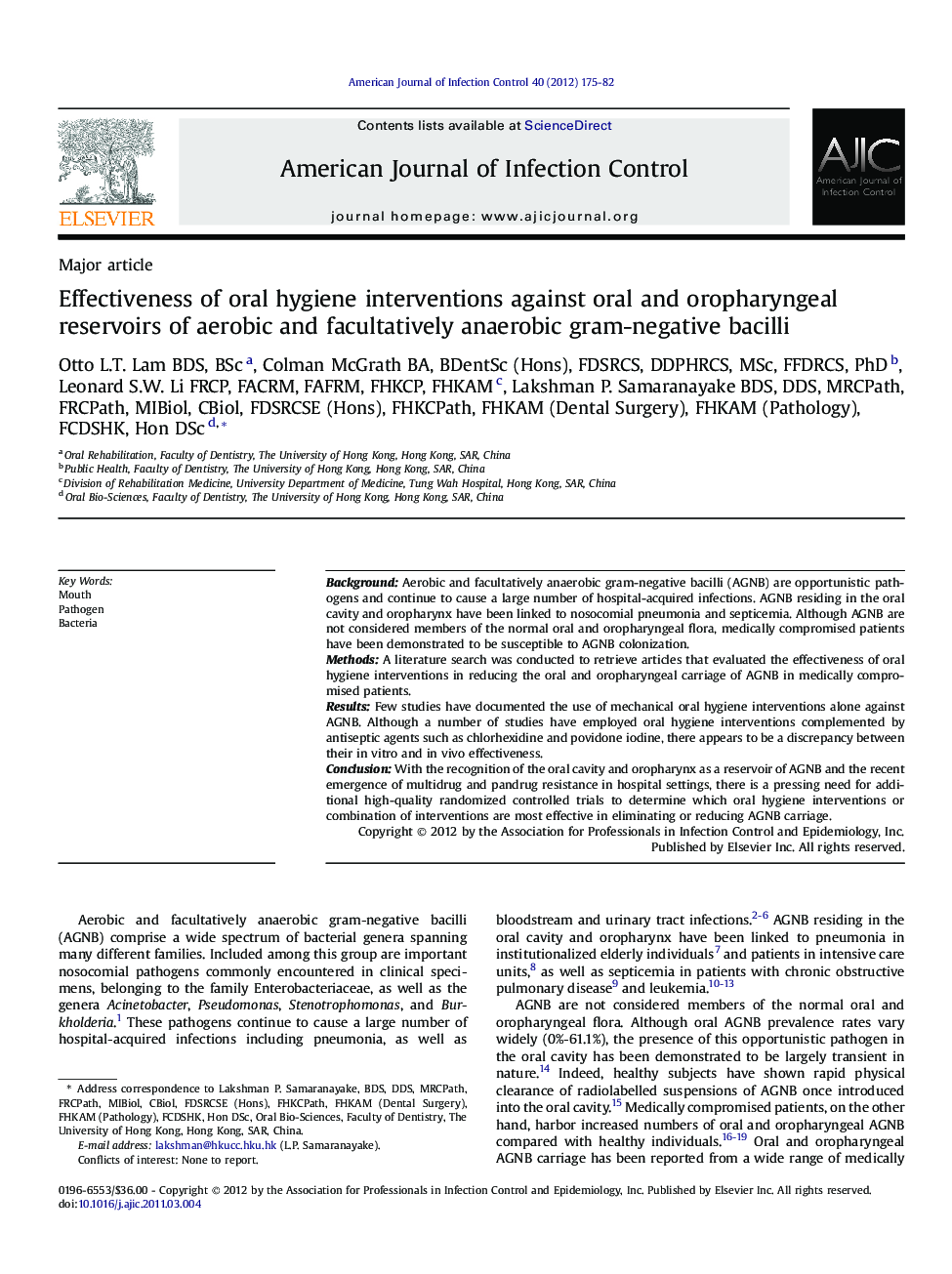 Effectiveness of oral hygiene interventions against oral and oropharyngeal reservoirs of aerobic and facultatively anaerobic gram-negative bacilli 