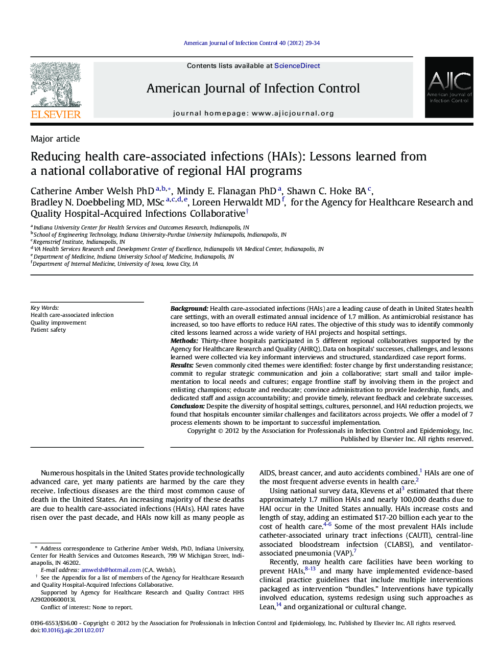 Reducing health care-associated infections (HAIs): Lessons learned from a national collaborative of regional HAI programs 