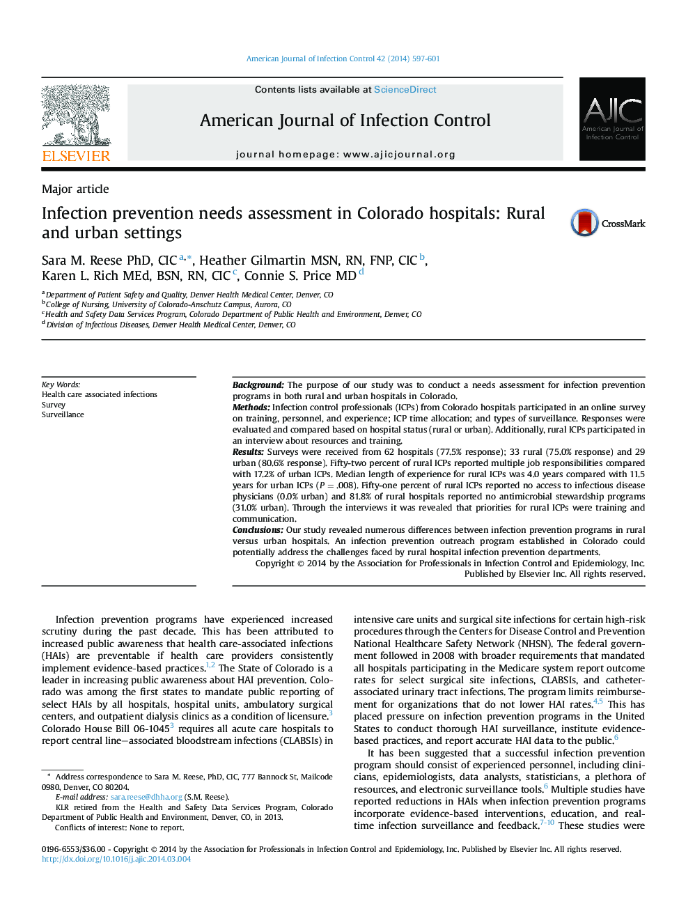 Infection prevention needs assessment in Colorado hospitals: Rural and urban settings 