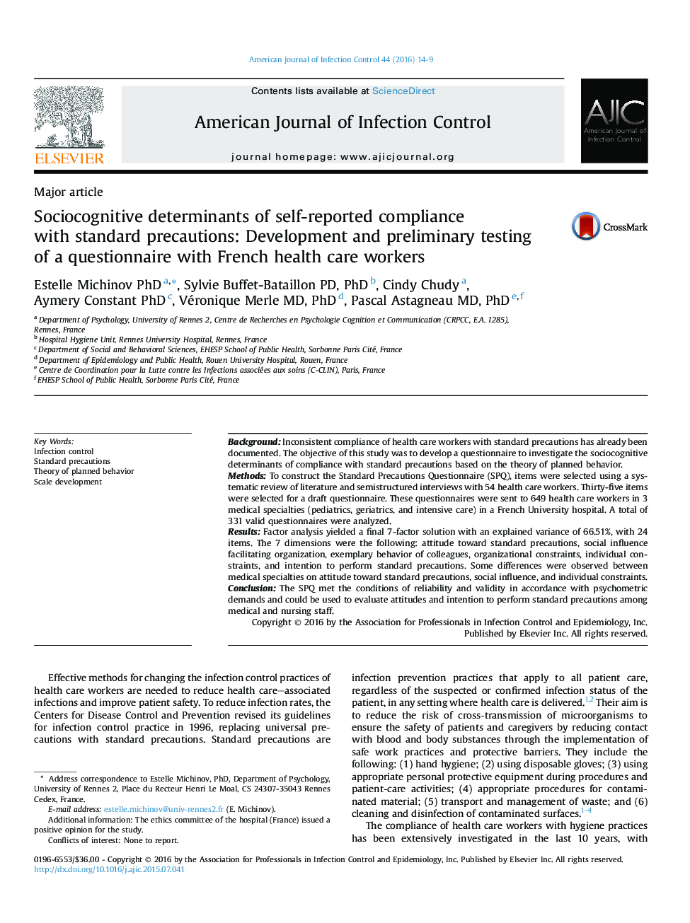 تعیین کننده های اجتماعی شناختی از پذیرش خود گزارش شده با احتیاط های استاندارد: تست و تست اولیه پرسشنامه با کارکنان بهداشتی فرانسه