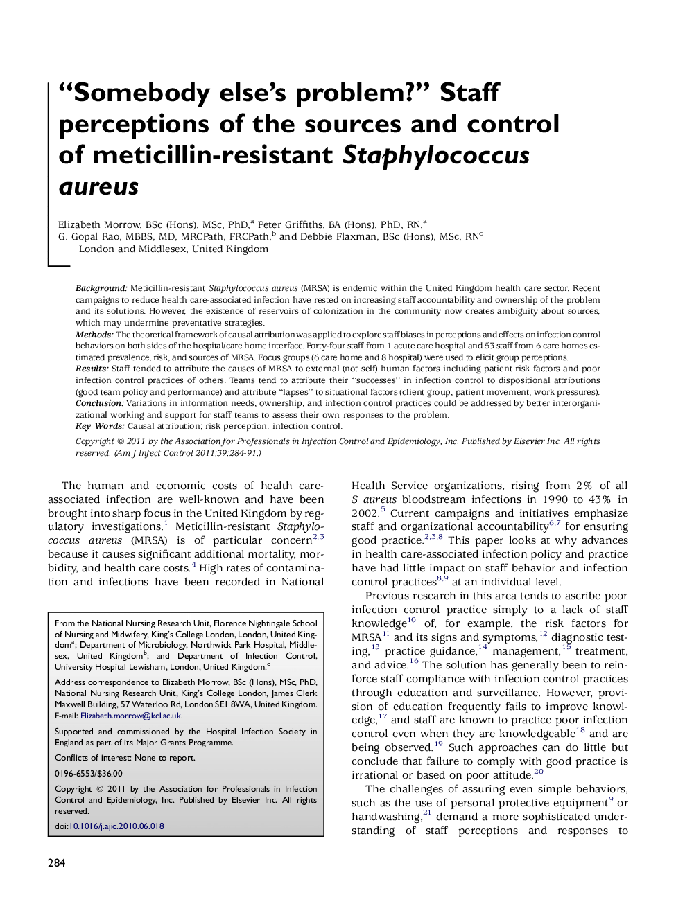 “Somebody else’s problem?” Staff perceptions of the sources and control of meticillin-resistant Staphylococcus aureus 