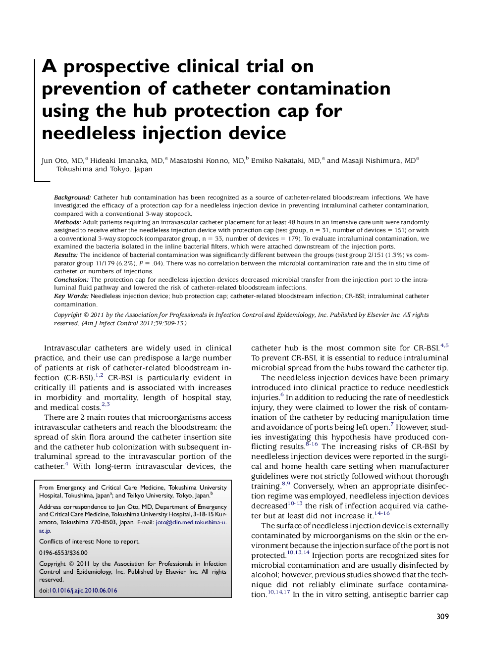 A prospective clinical trial on prevention of catheter contamination using the hub protection cap for needleless injection device 