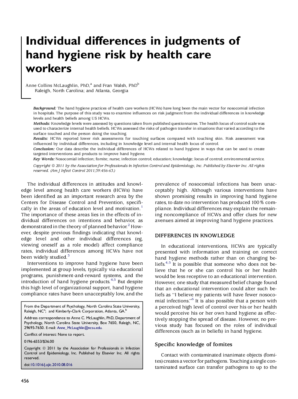 Individual differences in judgments of hand hygiene risk by health care workers 