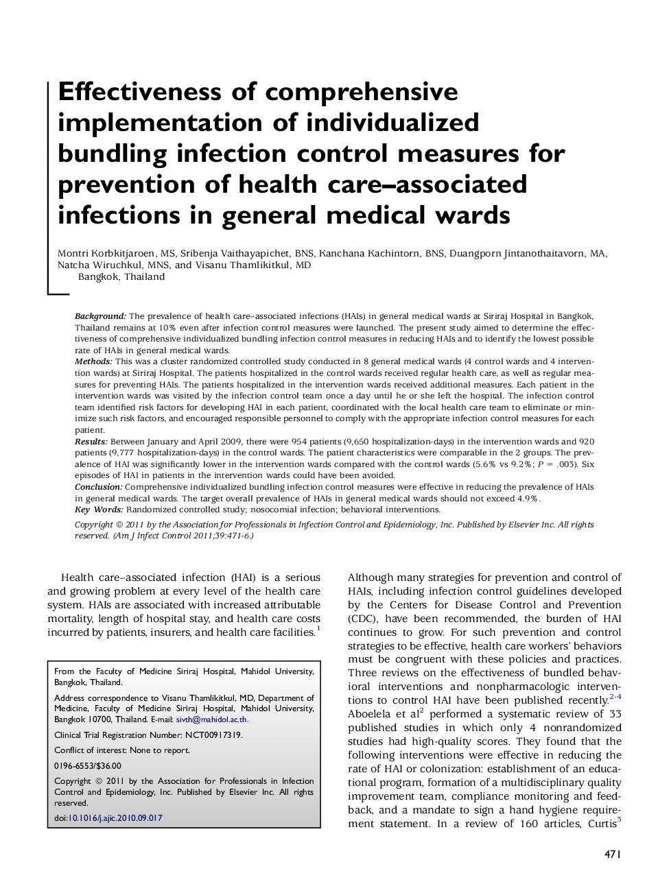 Effectiveness of comprehensive implementation of individualized bundling infection control measures for prevention of health care–associated infections in general medical wards 