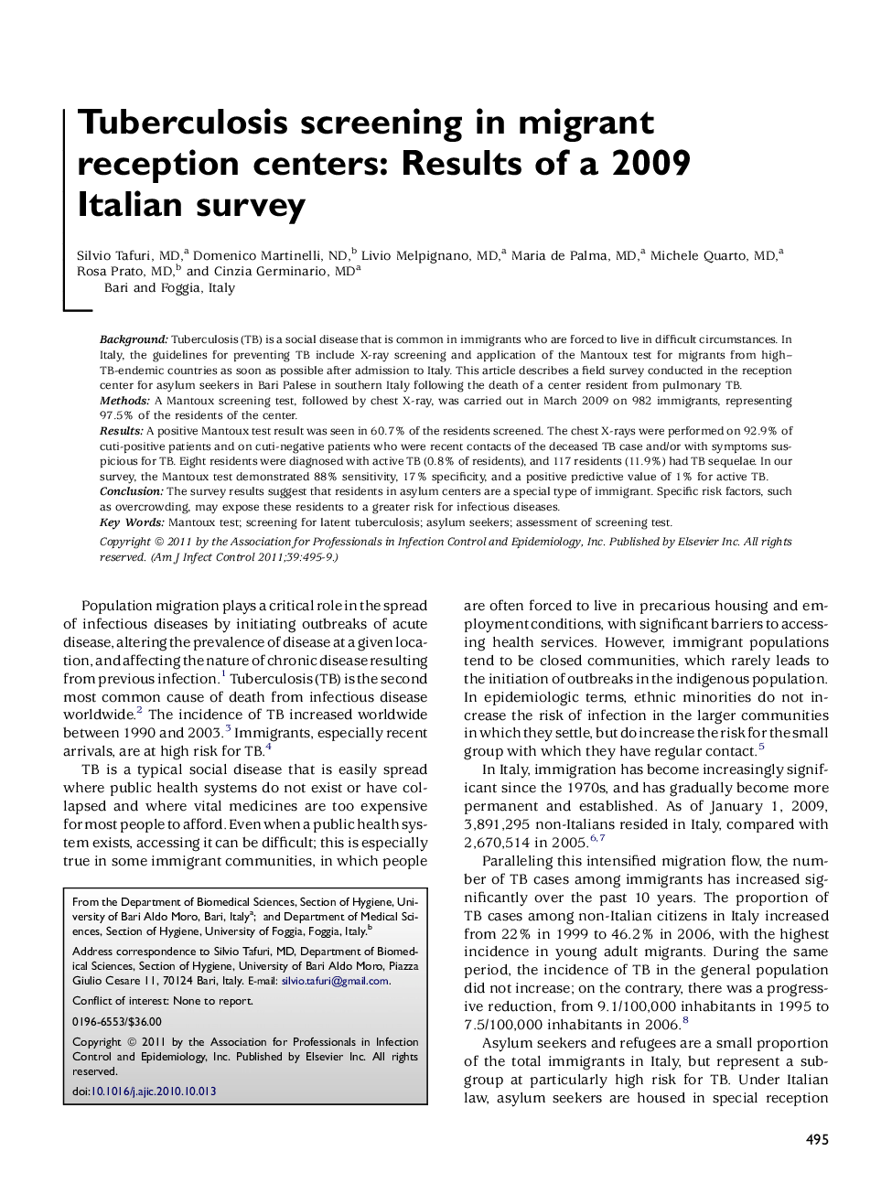 Tuberculosis screening in migrant reception centers: Results of a 2009 Italian survey 