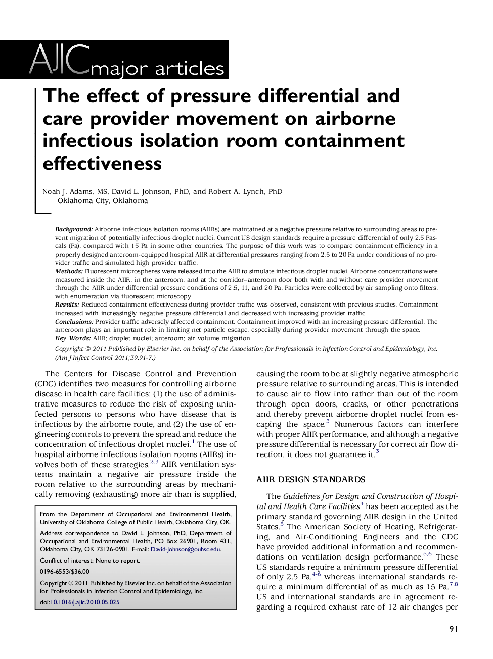 The effect of pressure differential and care provider movement on airborne infectious isolation room containment effectiveness 