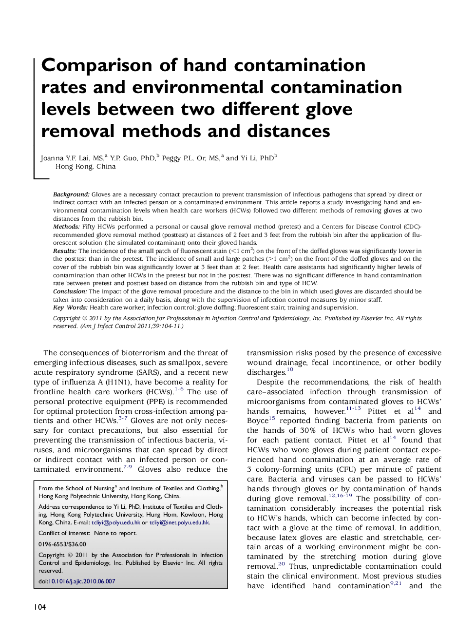 Comparison of hand contamination rates and environmental contamination levels between two different glove removal methods and distances 