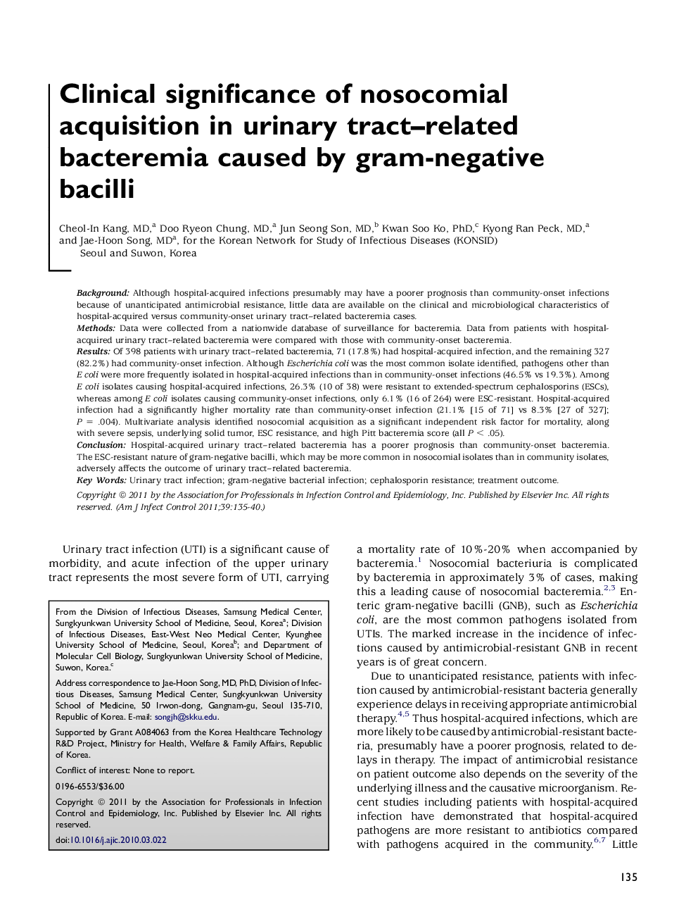 Clinical significance of nosocomial acquisition in urinary tract–related bacteremia caused by gram-negative bacilli 