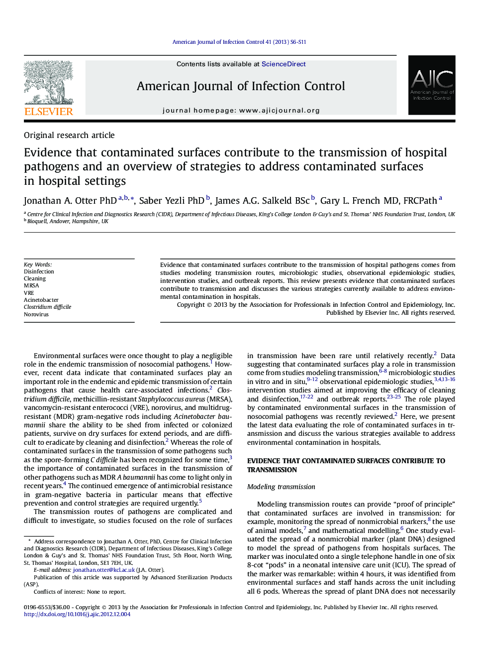 Evidence that contaminated surfaces contribute to the transmission of hospital pathogens and an overview of strategies to address contaminated surfaces in hospital settings 