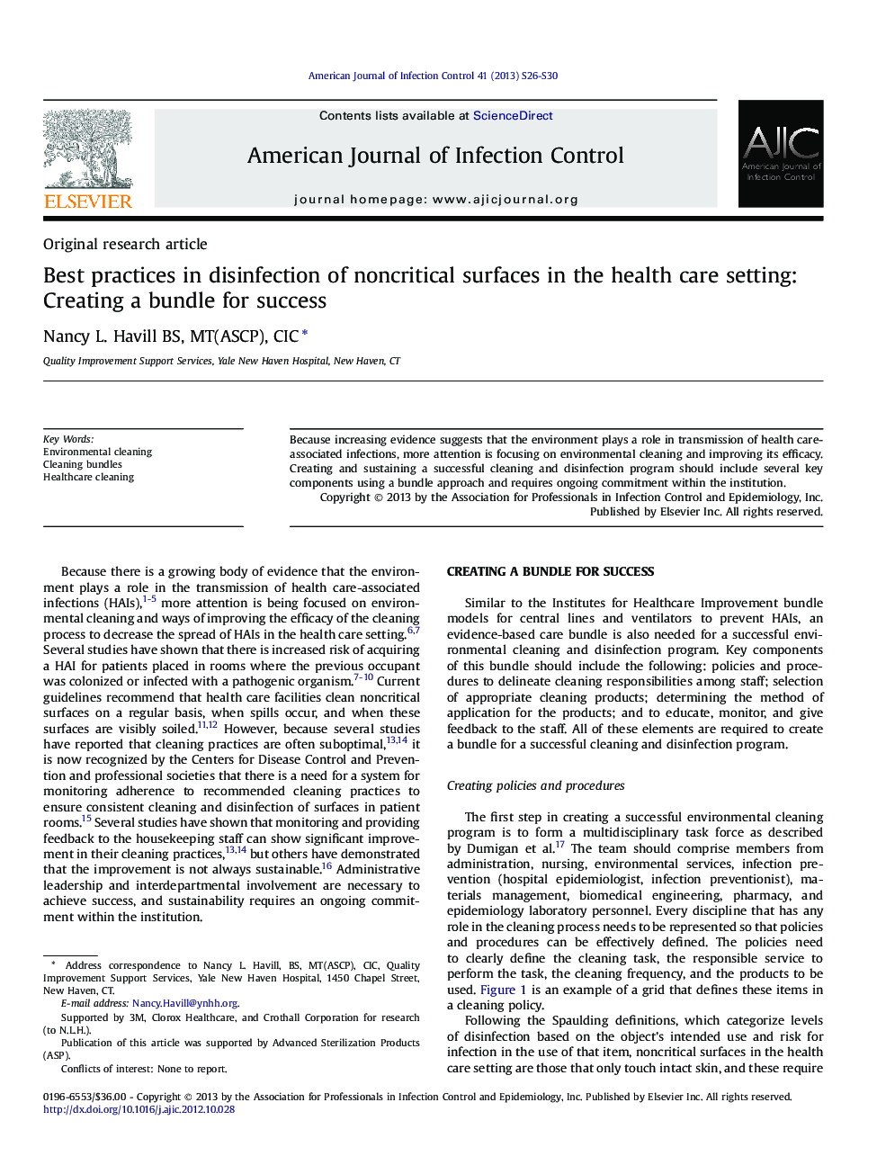 Best practices in disinfection of noncritical surfaces in the health care setting: Creating a bundle for success 