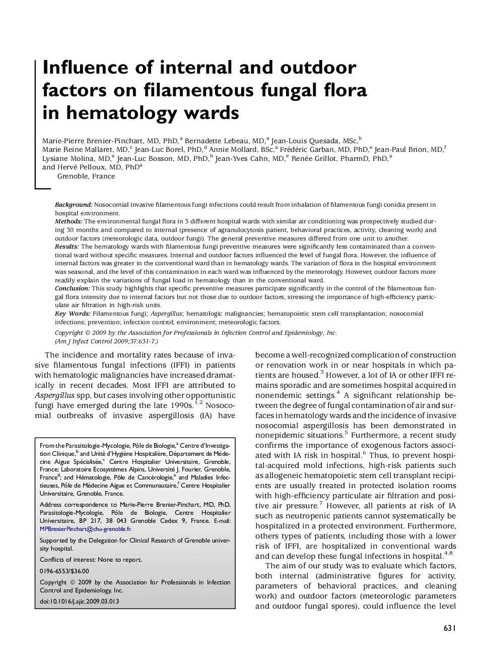 Influence of internal and outdoor factors on filamentous fungal flora in hematology wards 