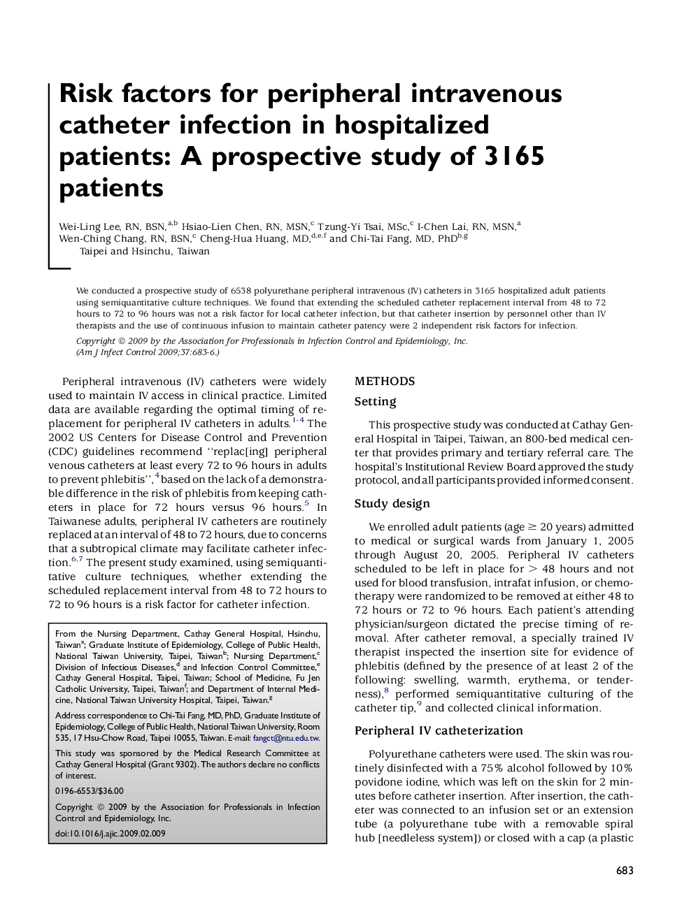 Risk factors for peripheral intravenous catheter infection in hospitalized patients: A prospective study of 3165 patients 