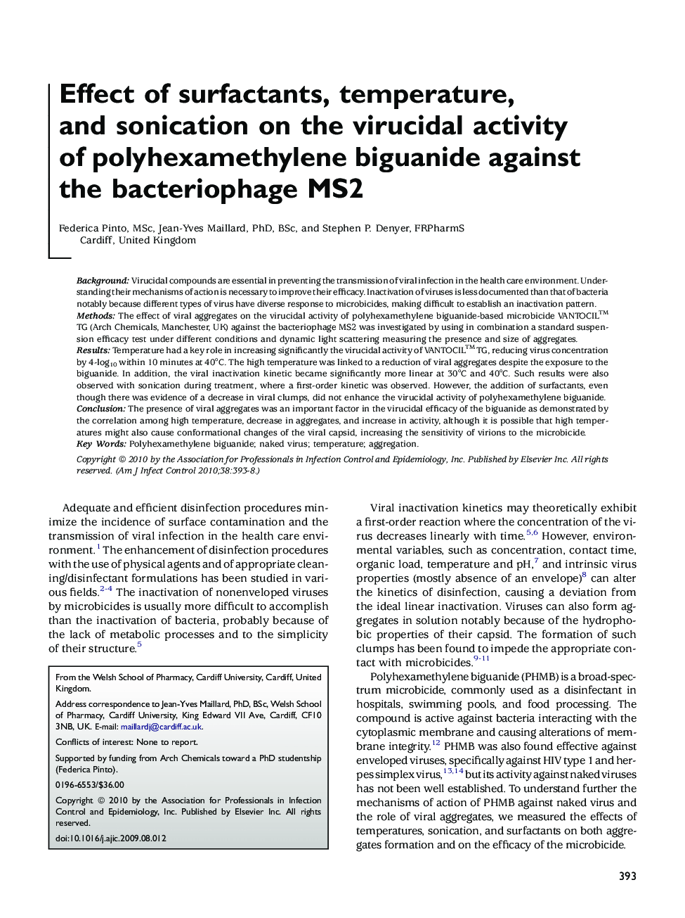 Effect of surfactants, temperature, and sonication on the virucidal activity of polyhexamethylene biguanide against the bacteriophage MS2 