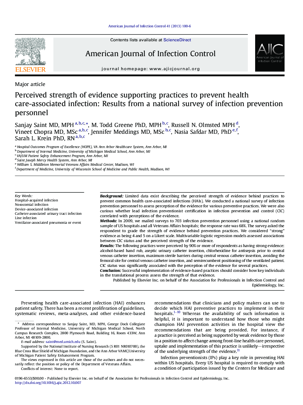 Perceived strength of evidence supporting practices to prevent health care-associated infection: Results from a national survey of infection prevention personnel 