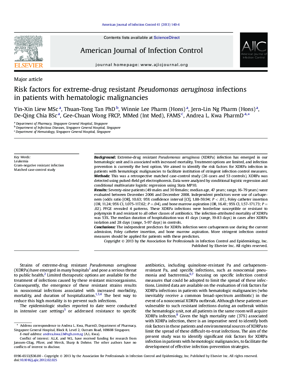 Risk factors for extreme-drug resistant Pseudomonas aeruginosa infections in patients with hematologic malignancies