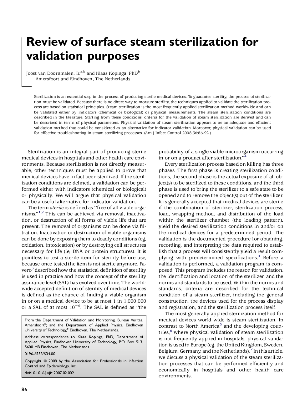 Review of surface steam sterilization for validation purposes