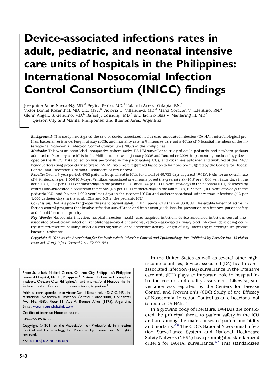 Device-associated infections rates in adult, pediatric, and neonatal intensive care units of hospitals in the Philippines: International Nosocomial Infection Control Consortium (INICC) findings 