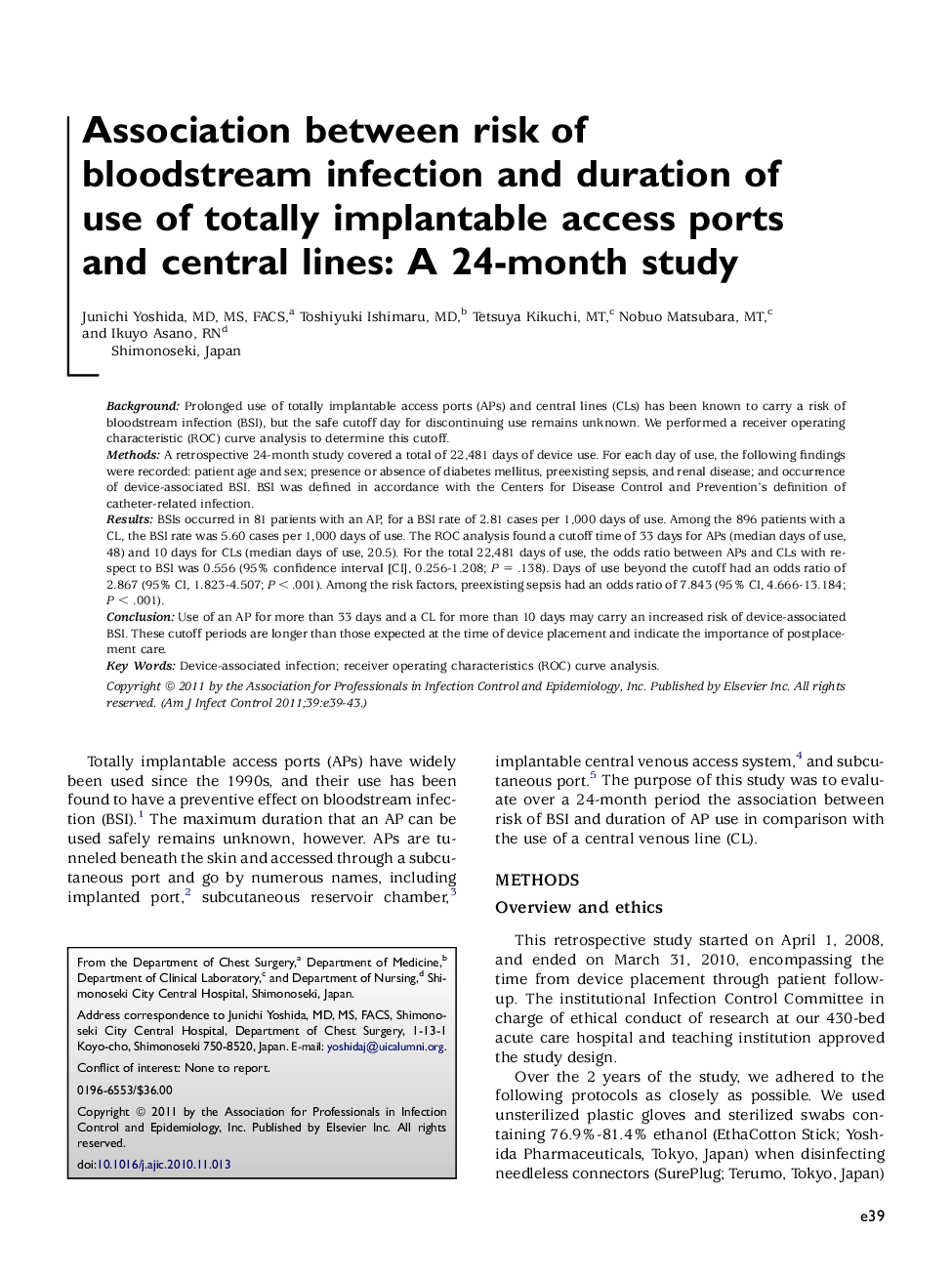 Association between risk of bloodstream infection and duration of use of totally implantable access ports and central lines: A 24-month study 