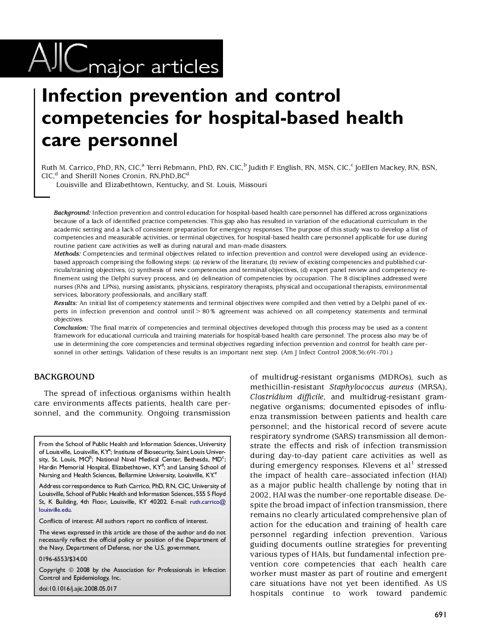Infection prevention and control competencies for hospital-based health care personnel 