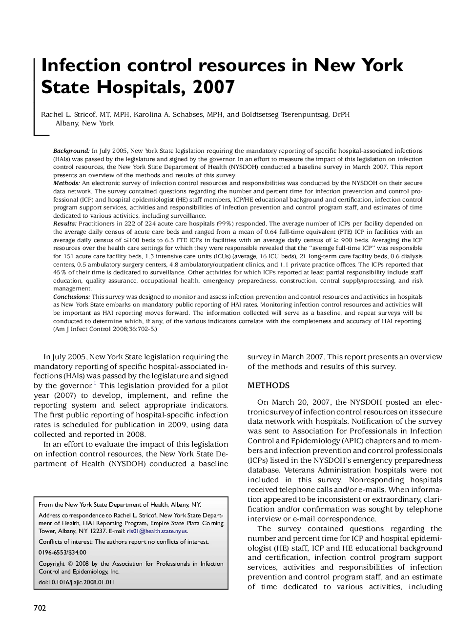 Infection control resources in New York State Hospitals, 2007 