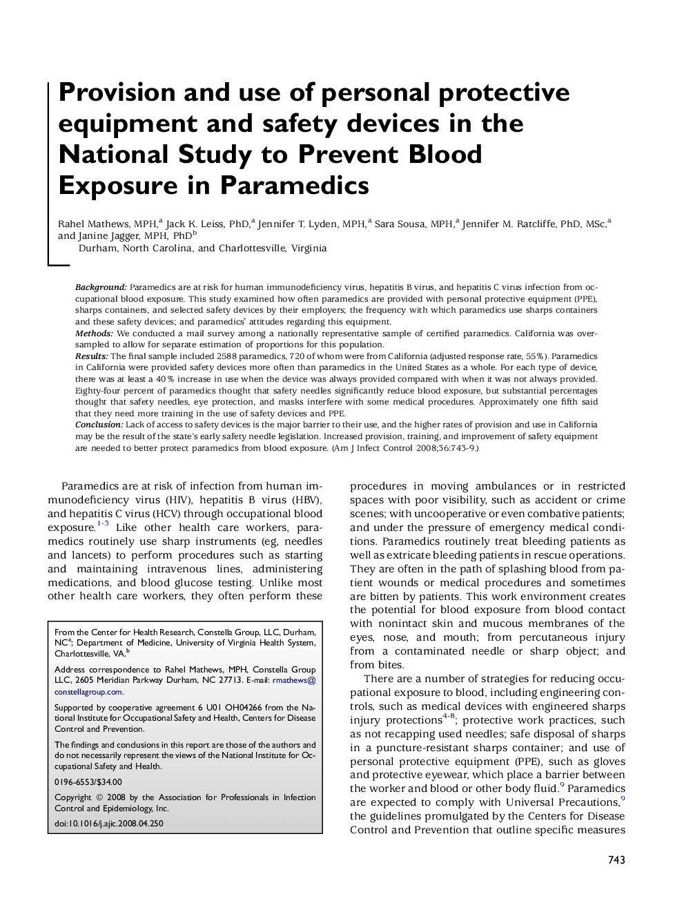 Provision and use of personal protective equipment and safety devices in the National Study to Prevent Blood Exposure in Paramedics 