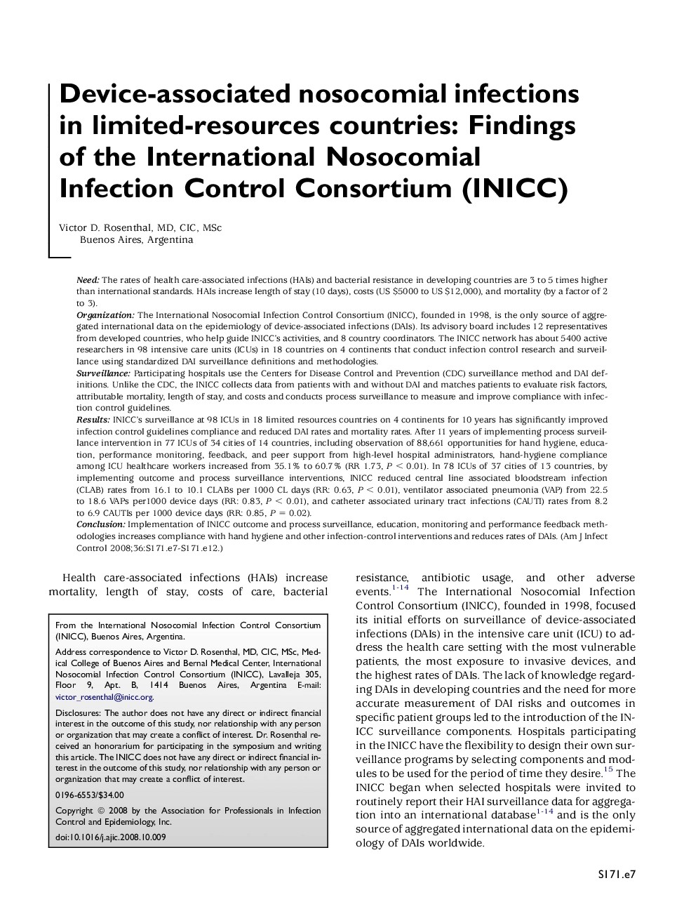Device-associated nosocomial infections in limited-resources countries: Findings of the International Nosocomial Infection Control Consortium (INICC)