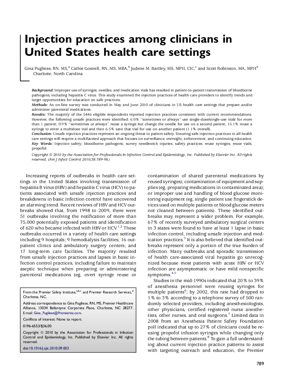 Injection practices among clinicians in United States health care settings 