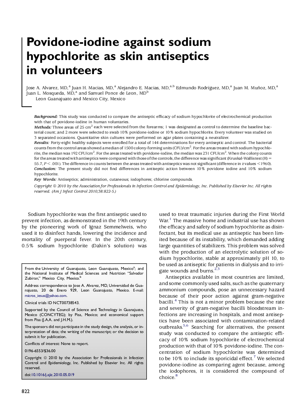 Povidone-iodine against sodium hypochlorite as skin antiseptics in volunteers 