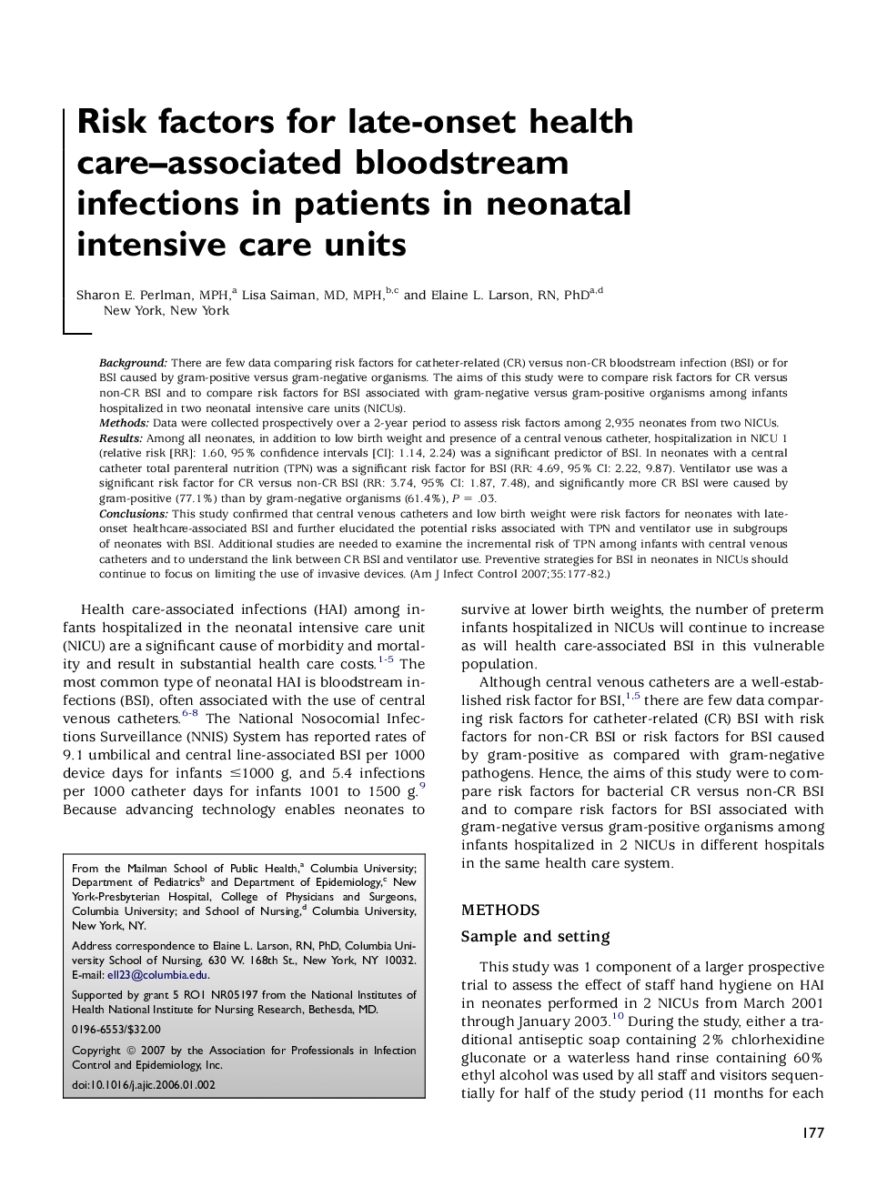 Risk factors for late-onset health care–associated bloodstream infections in patients in neonatal intensive care units 