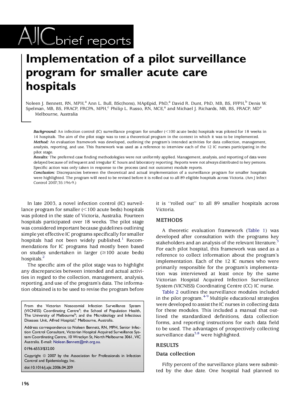 Implementation of a pilot surveillance program for smaller acute care hospitals