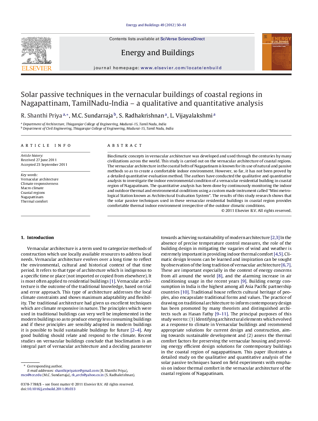 Solar passive techniques in the vernacular buildings of coastal regions in Nagapattinam, TamilNadu-India – a qualitative and quantitative analysis