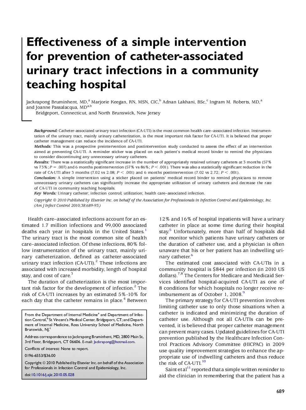 Effectiveness of a simple intervention for prevention of catheter-associated urinary tract infections in a community teaching hospital 