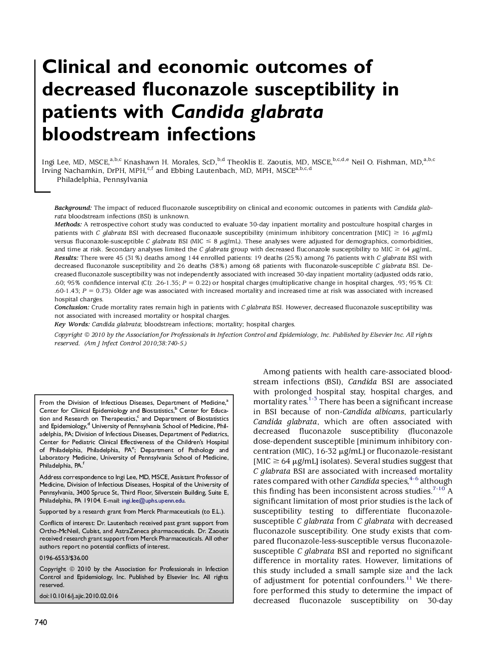 Clinical and economic outcomes of decreased fluconazole susceptibility in patients with Candida glabrata bloodstream infections 