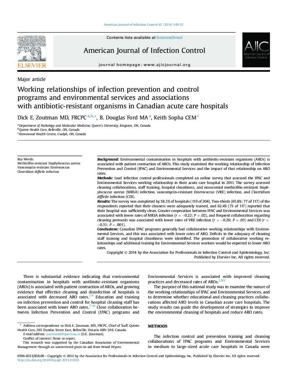 Working relationships of infection prevention and control programs and environmental services and associations with antibiotic-resistant organisms in Canadian acute care hospitals 