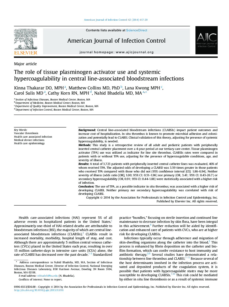 The role of tissue plasminogen activator use and systemic hypercoagulability in central line-associated bloodstream infections 