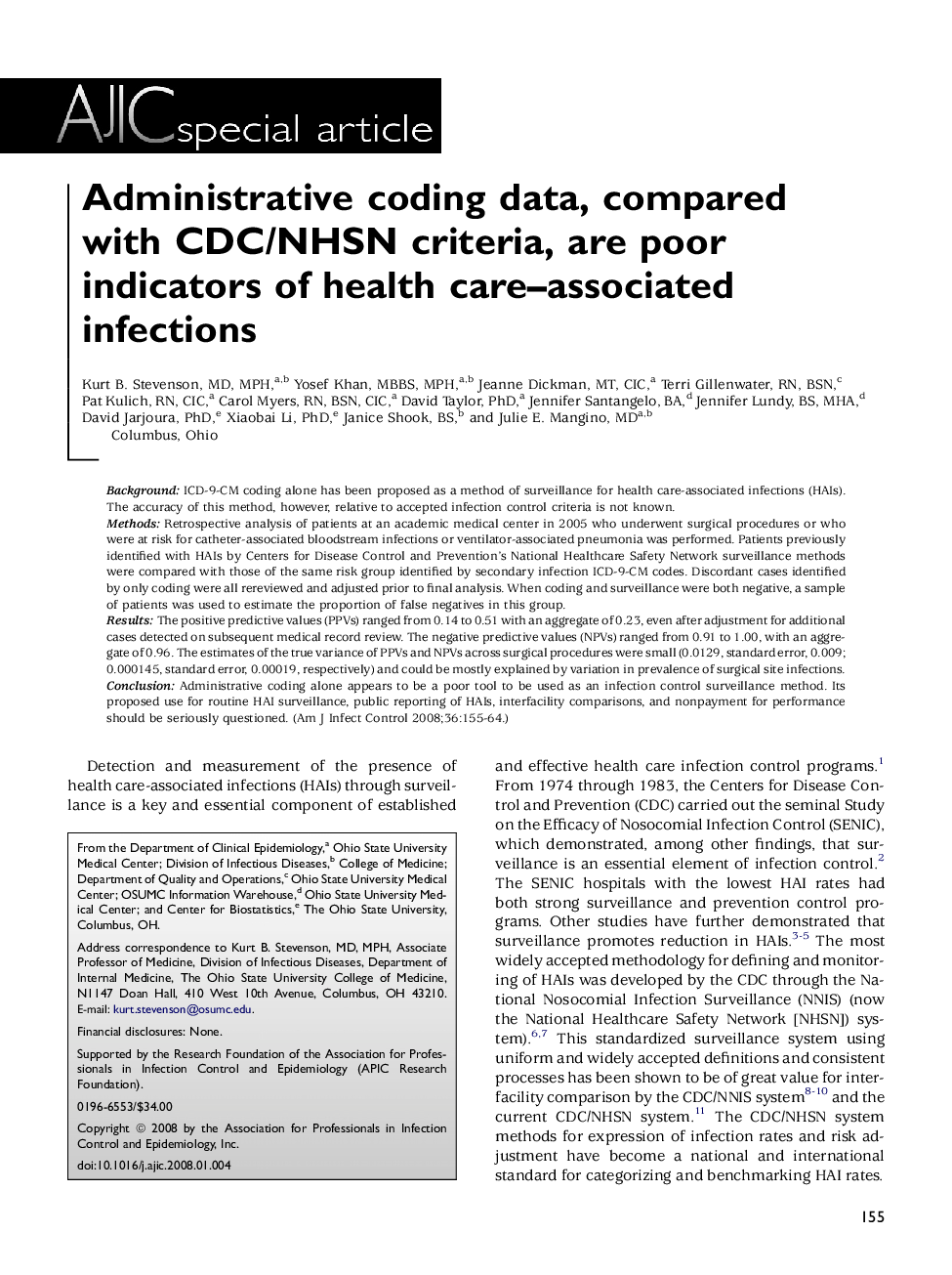 Administrative coding data, compared with CDC/NHSN criteria, are poor indicators of health care–associated infections 