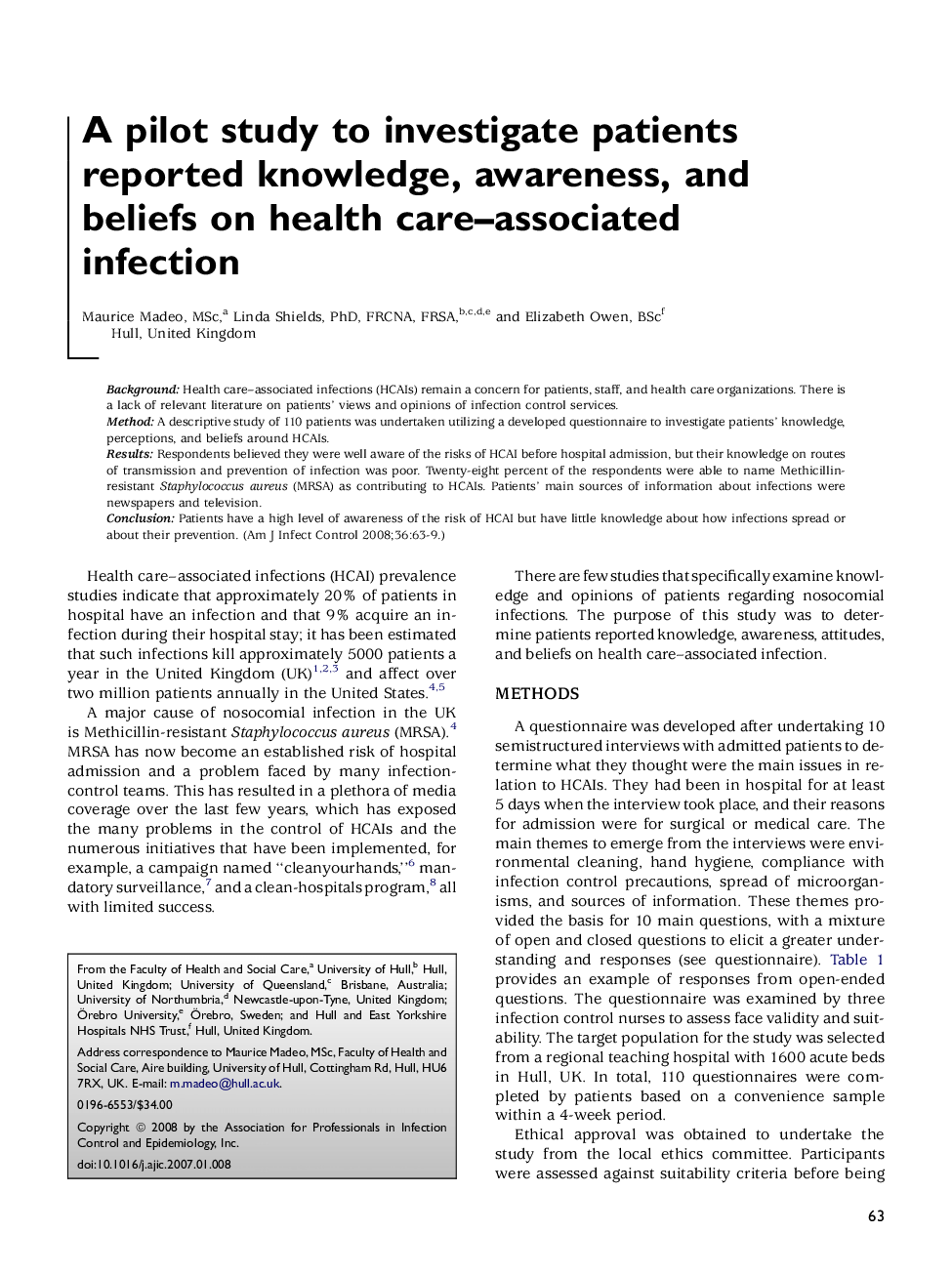 A pilot study to investigate patients reported knowledge, awareness, and beliefs on health care–associated infection