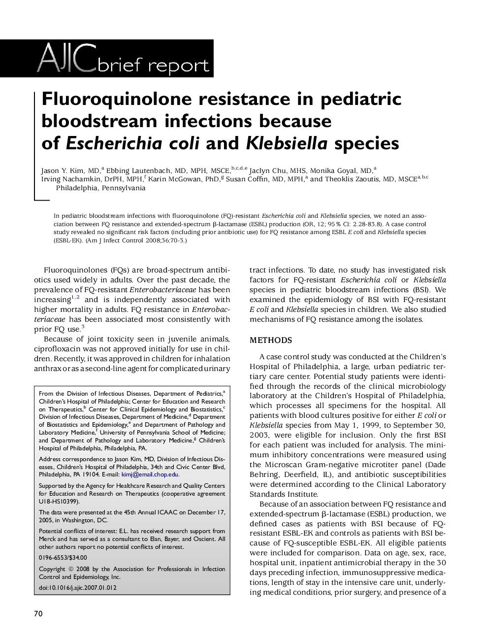 Fluoroquinolone resistance in pediatric bloodstream infections because of Escherichia coli and Klebsiella species 