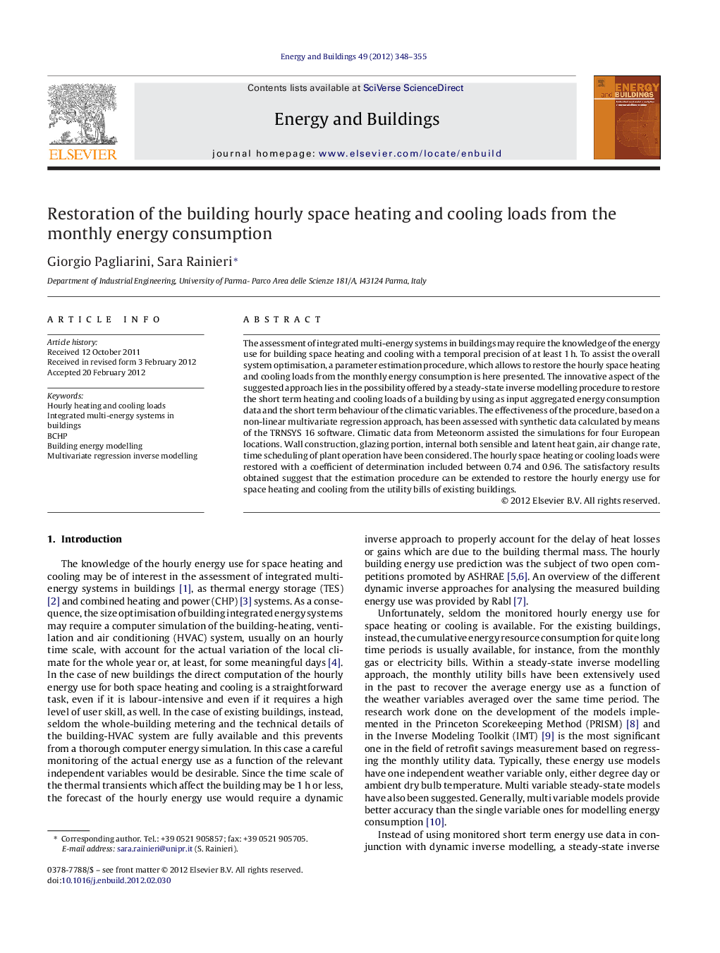 Restoration of the building hourly space heating and cooling loads from the monthly energy consumption