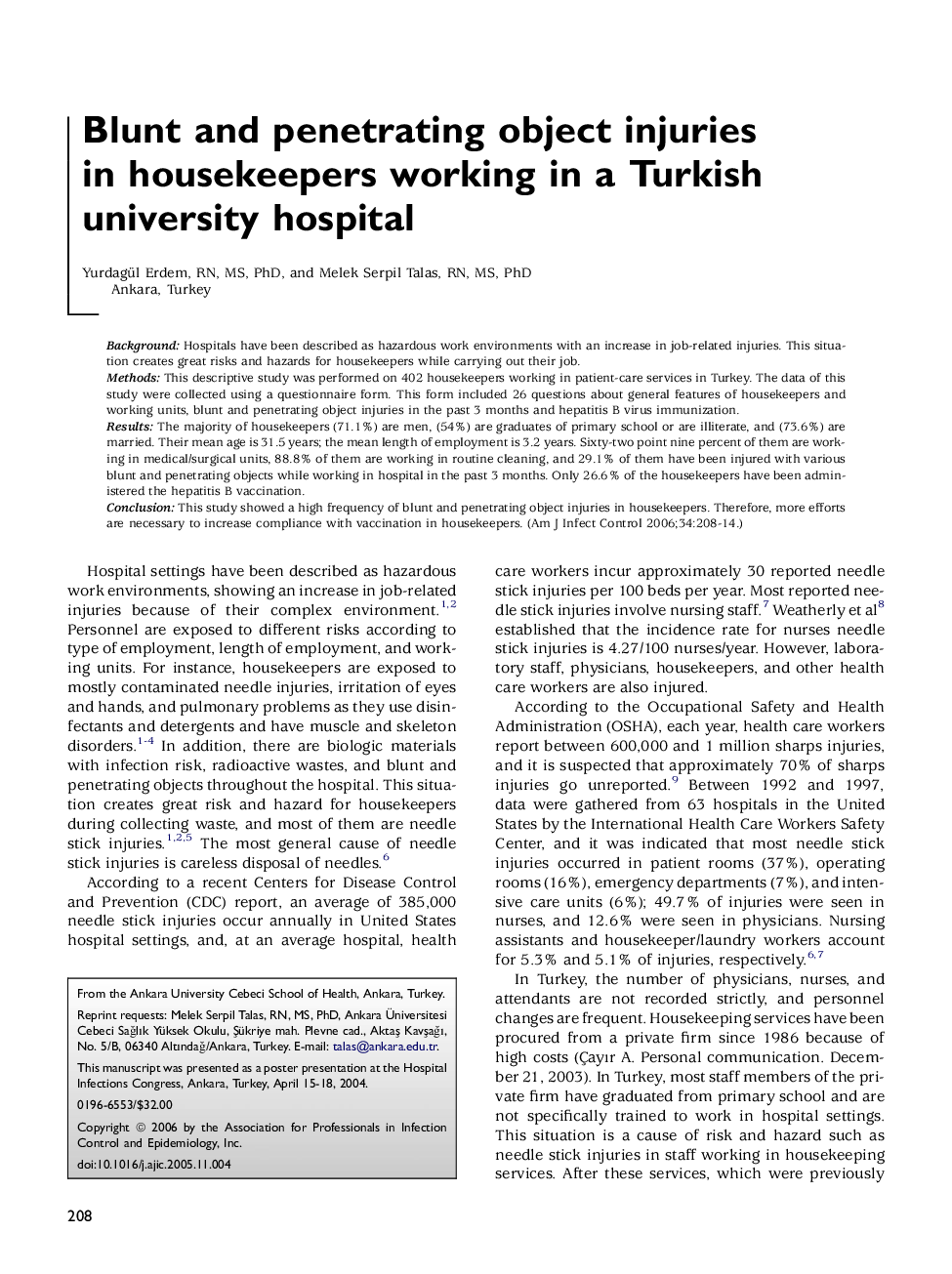 Blunt and penetrating object injuries in housekeepers working in a Turkish university hospital 