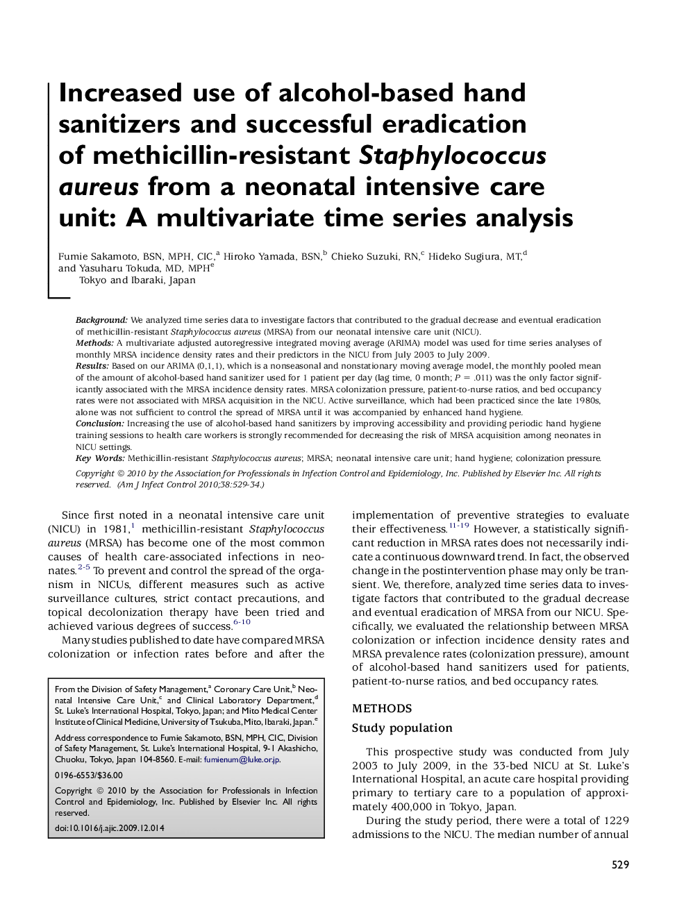 Increased use of alcohol-based hand sanitizers and successful eradication of methicillin-resistant Staphylococcus aureus from a neonatal intensive care unit: A multivariate time series analysis