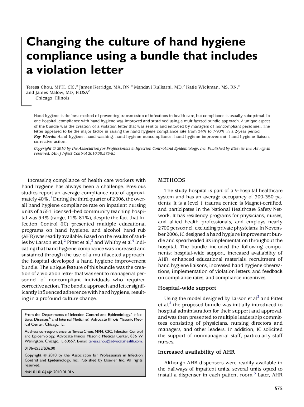 Changing the culture of hand hygiene compliance using a bundle that includes a violation letter