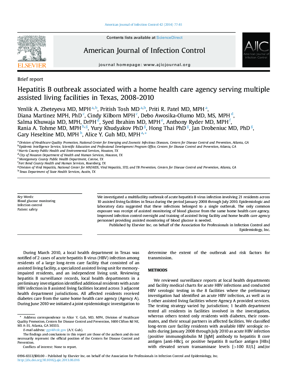 Hepatitis B outbreak associated with a home health care agency serving multiple assisted living facilities in Texas, 2008-2010 